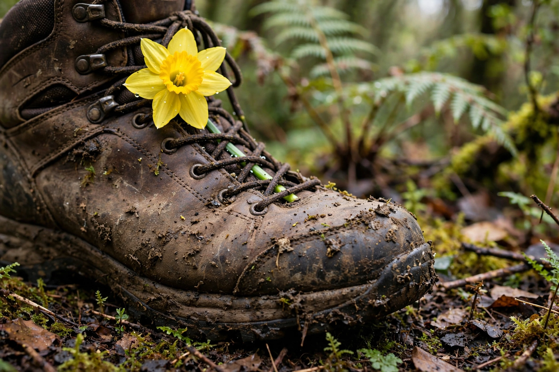 Worn hiking boots with a yellow daffodil tucked into the laces
