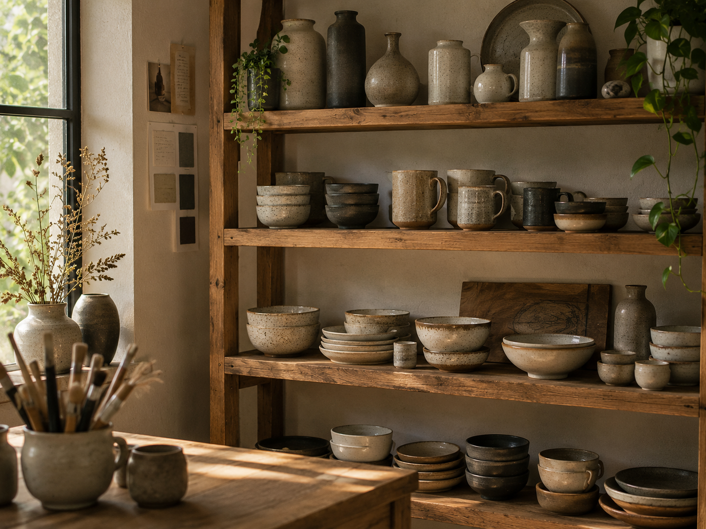 Collection of pots on shelf
