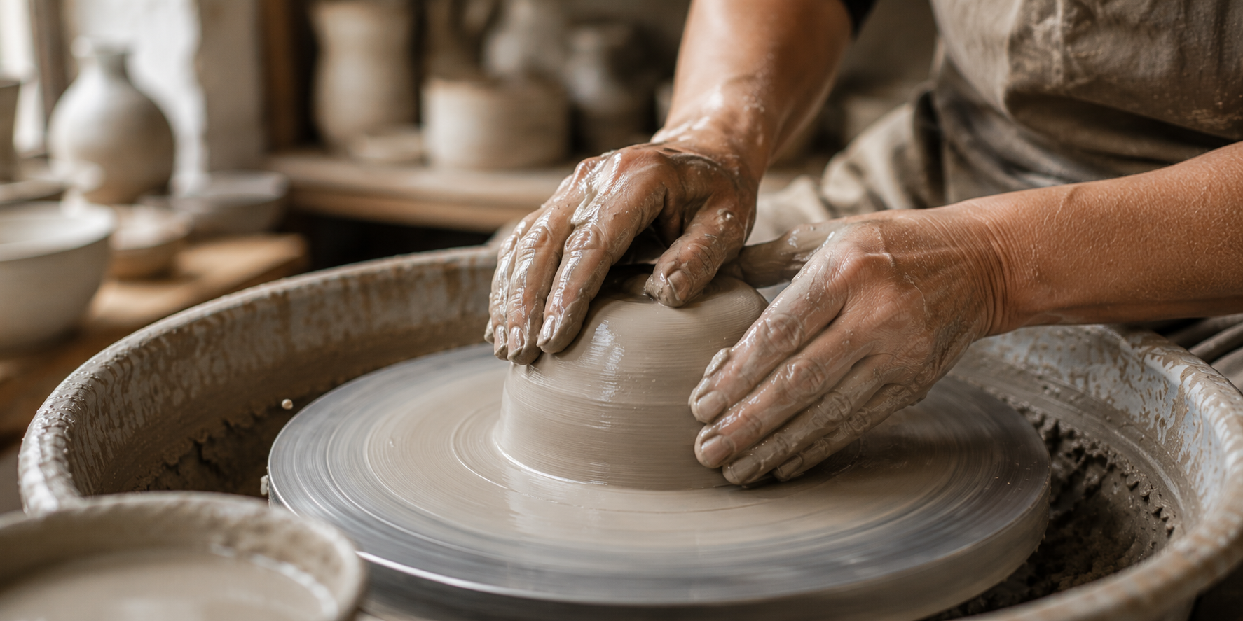 Close-up of hands shaping clay on wheel