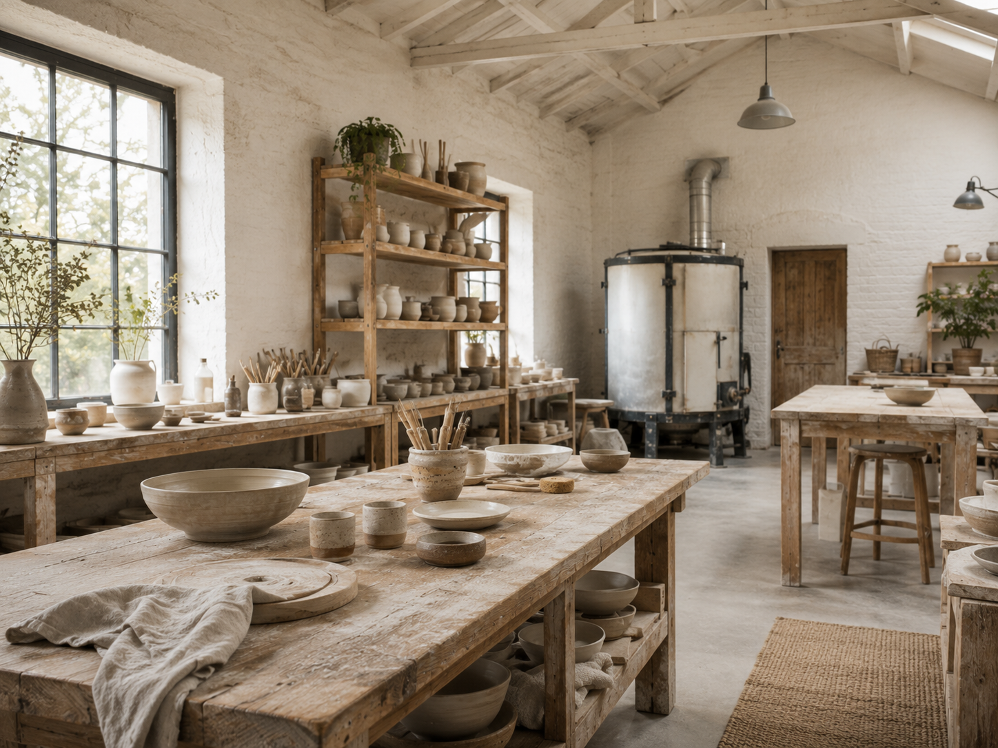 Interior of Ash & Oak pottery studio with shelves and natural light