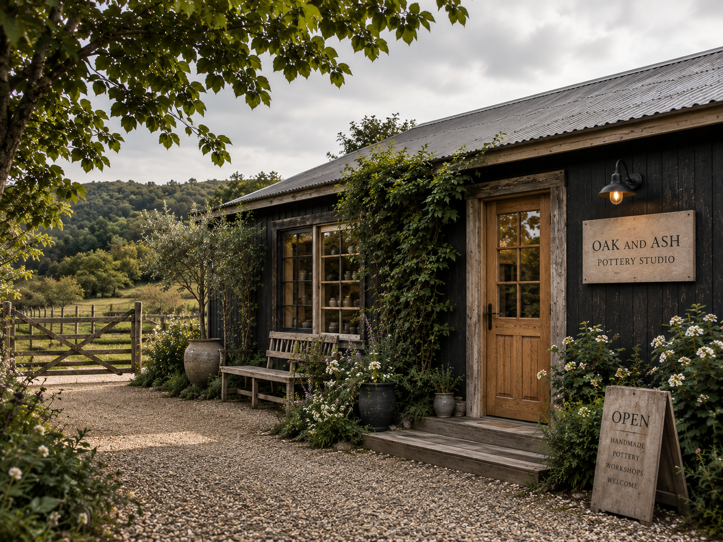Exterior of pottery studio in natural surroundings