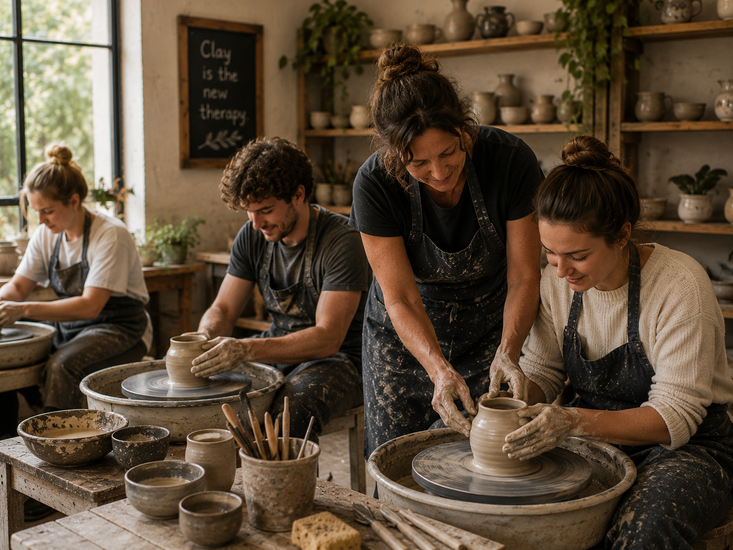 Workshop participants learning pottery