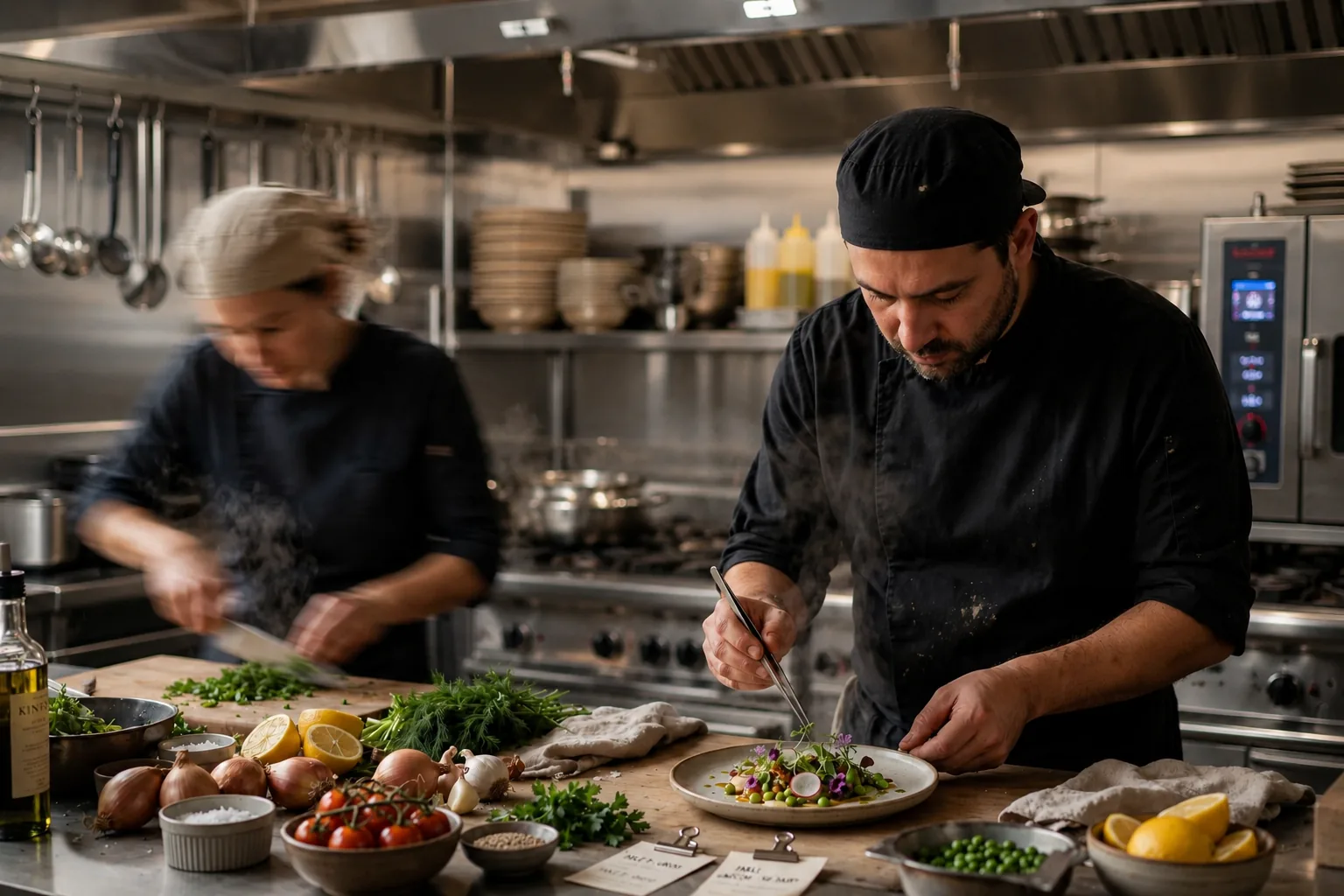 Signature dish plated on handcrafted ceramics in warm evening light