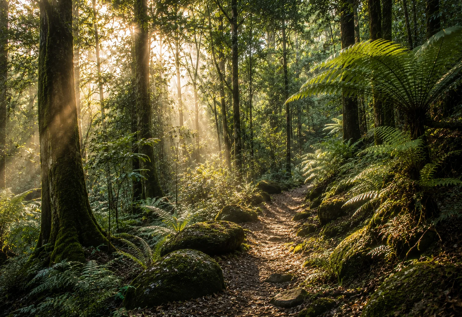 Forest walk among tall trees