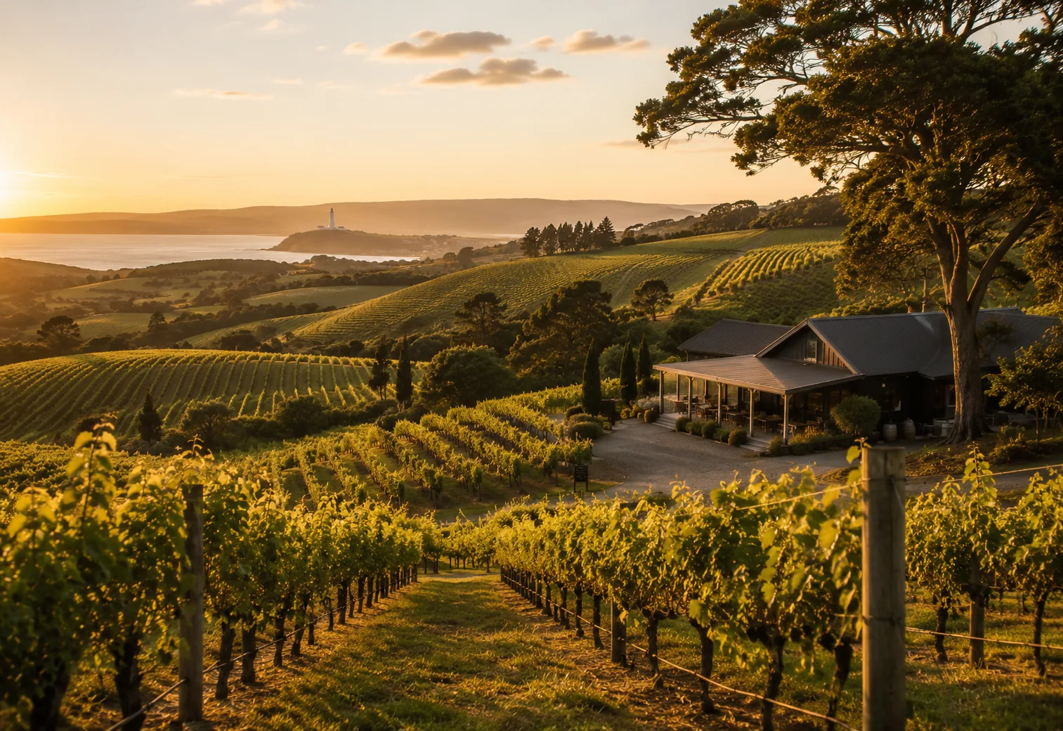 Vineyard rows at sunset