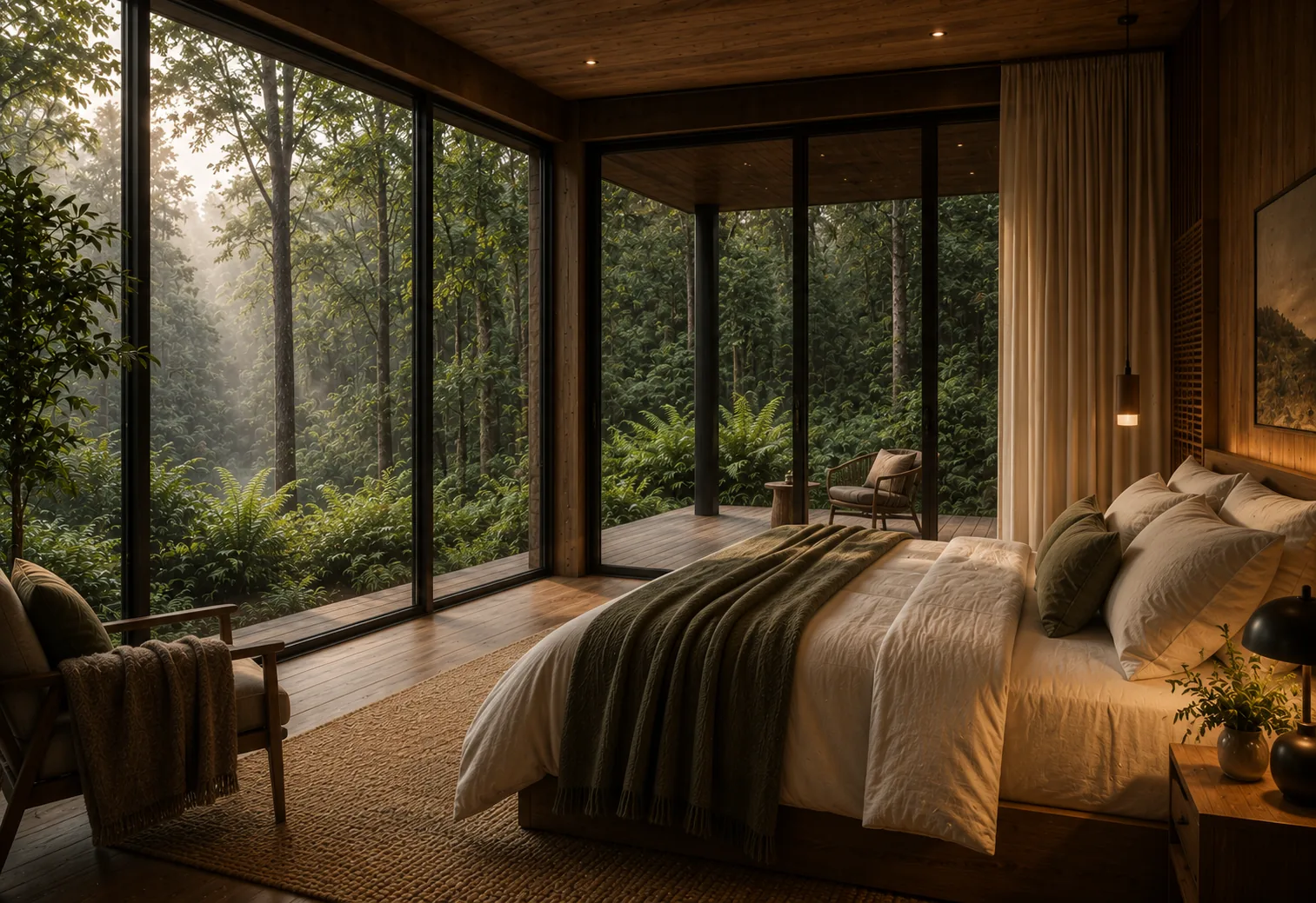 Woodland bedroom with linen bedding