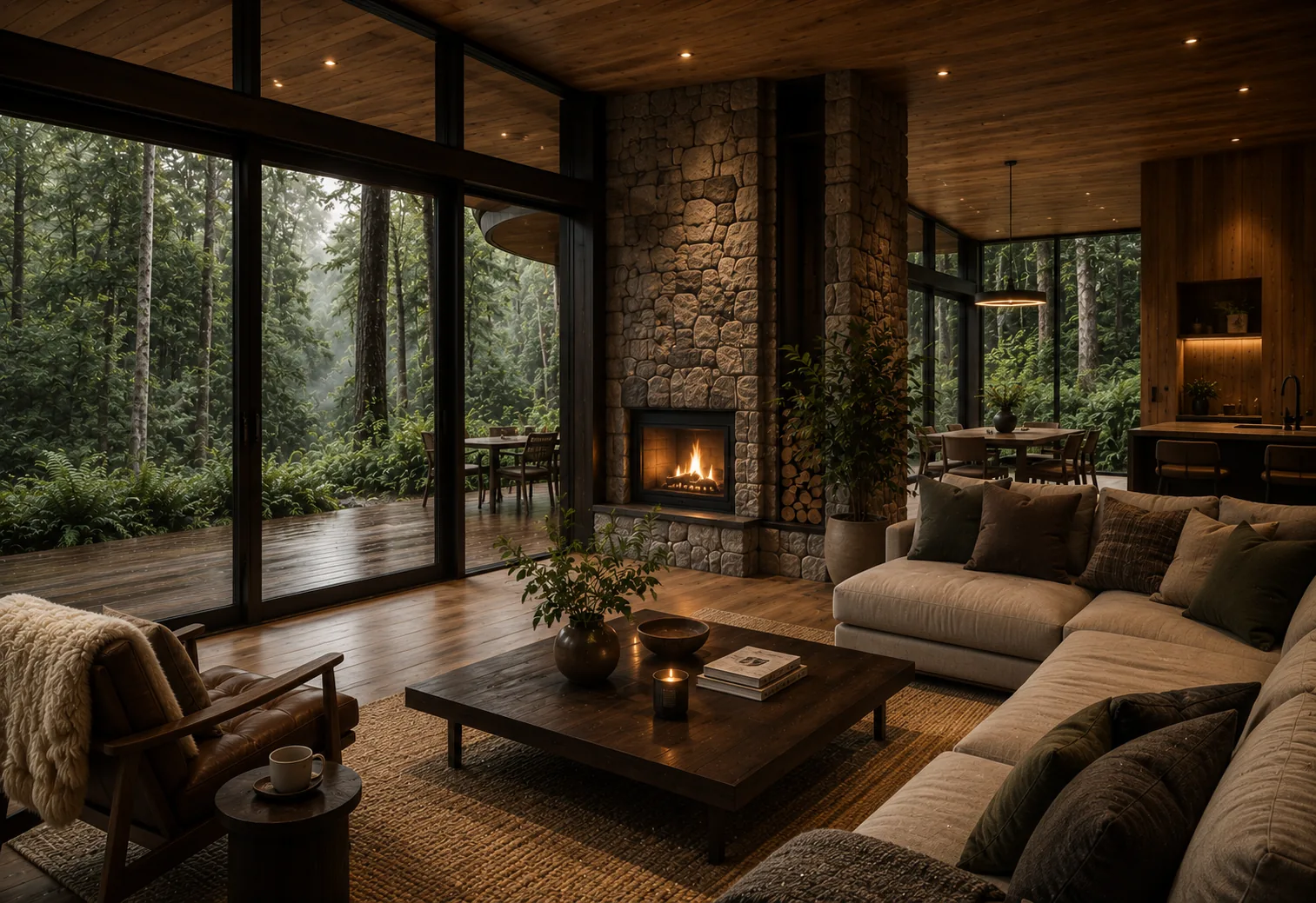 Woodland living area with fireplace