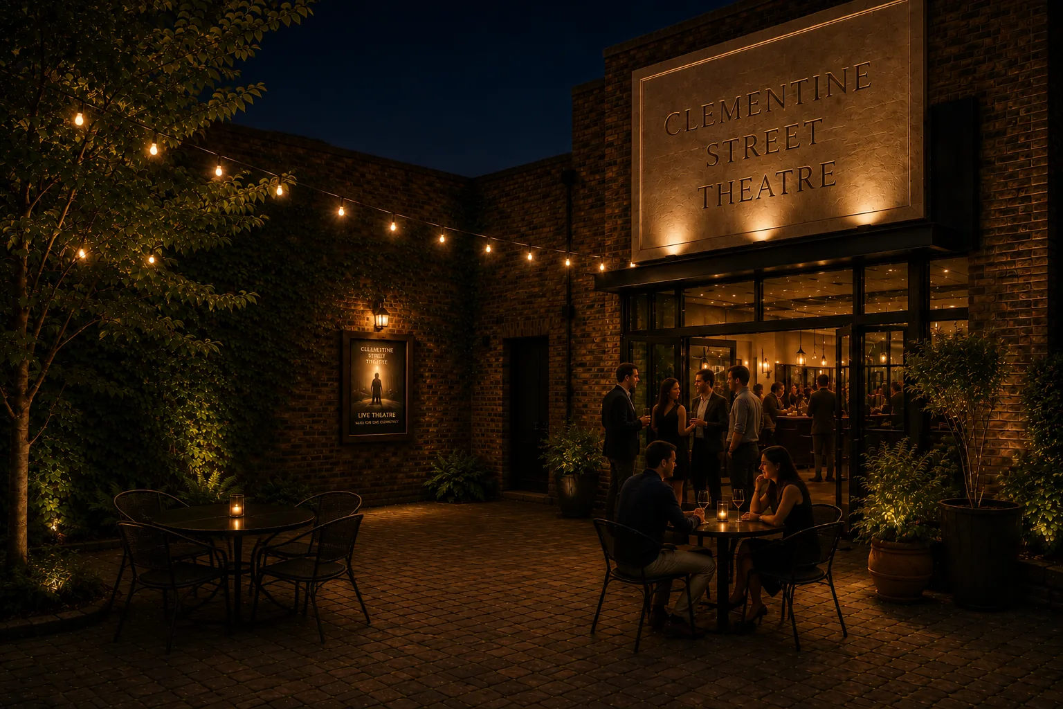Clementine Street Theatre exterior glowing at night